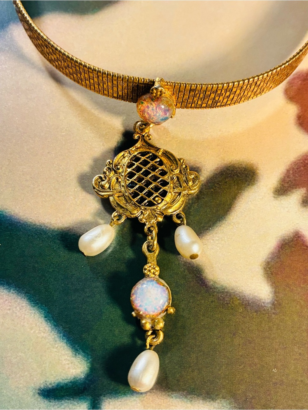 Vintage Gold Faux Opal & Pearl Choker